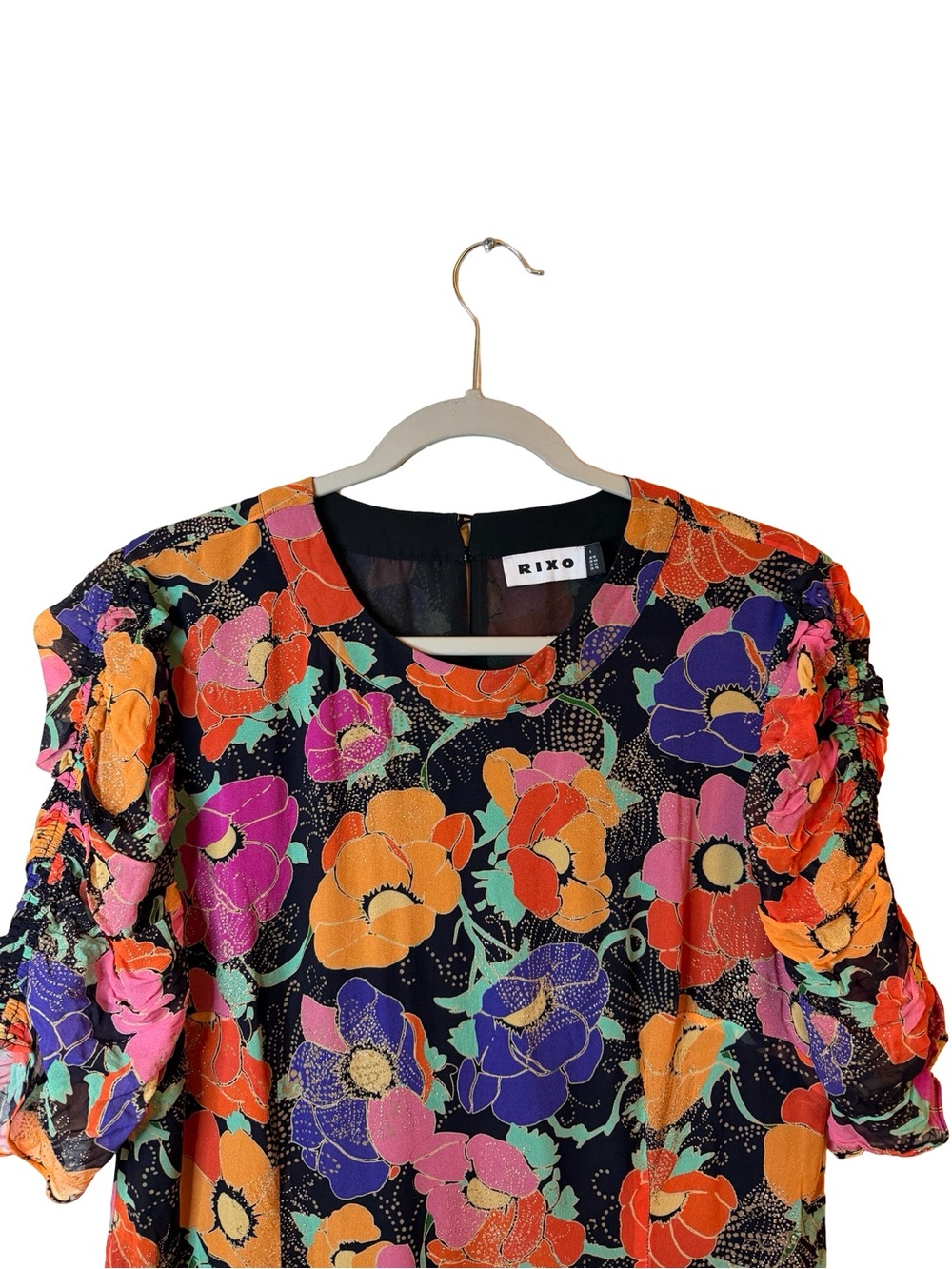 RIXO Dion Glitter Floral Print Georgette Mini Dress Ruched Sleeve Boho London XL - Picture 3 of 12